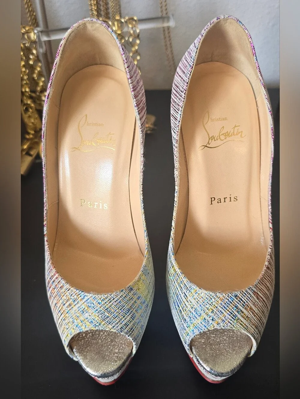 Christian Louboutin Laminated Suede Multicolor Peep-Toe Platform Pumps Sz 35